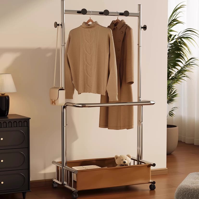 Integrated Hangers Open Movable Bedroom Floor Coat Rack Multifunctional Metal Hangers Clothes Storage Rack