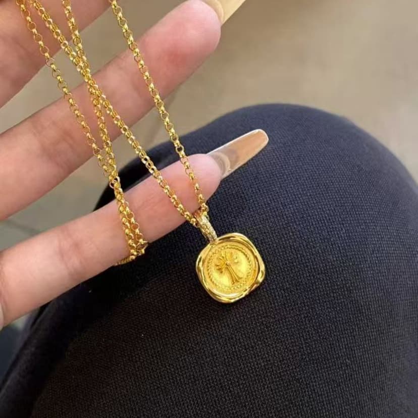 Women's New arrival 999 gold lacquer bronzing inlay Mosan diamond cross small square gold pendant Pearl Chain