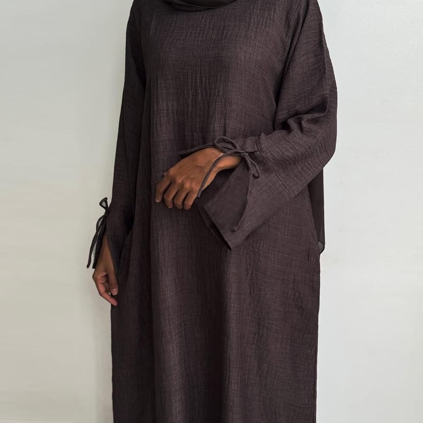 Dubai Turkish Solid Color Casual Robe with Slit Cuffs, Lace-Up Decoration, Loose Long Dress, Arabic Dress