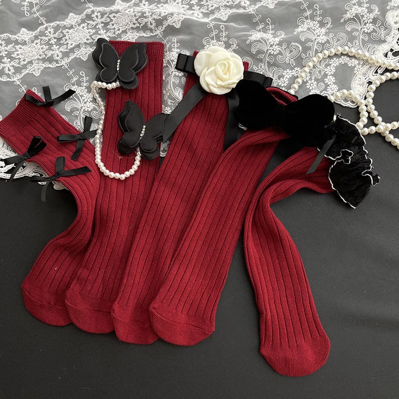 Korean Children's Socks New Year Red Socks Ankora Red Bows Stuffed Lace girl Piled Socks