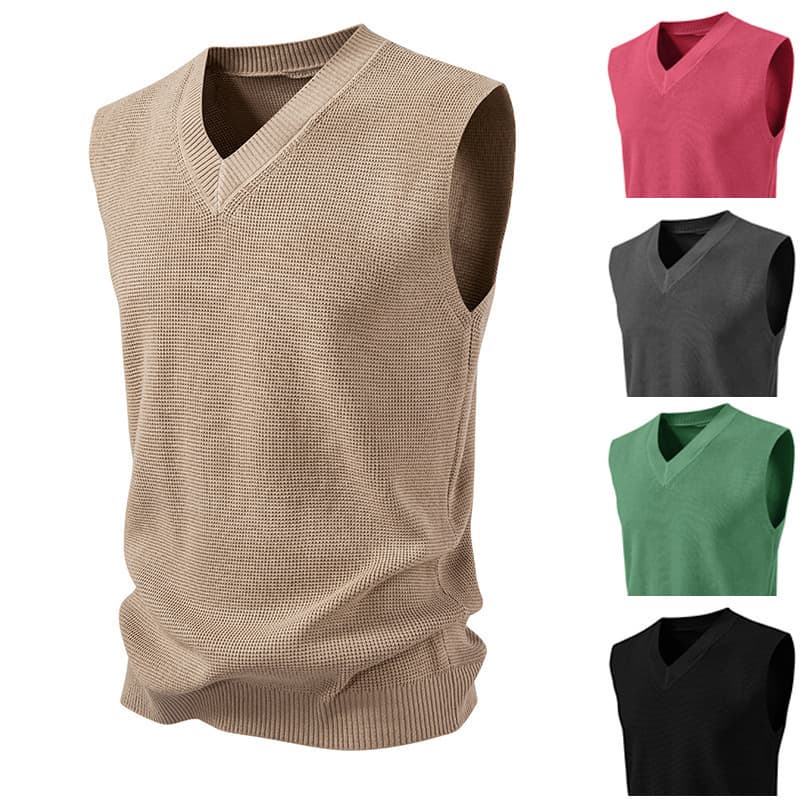Cross-Border Men's Casual V-Neck Sweater Vest European and American Fashion Solid Color Pullover Sleeveless Knitted Vest Vest