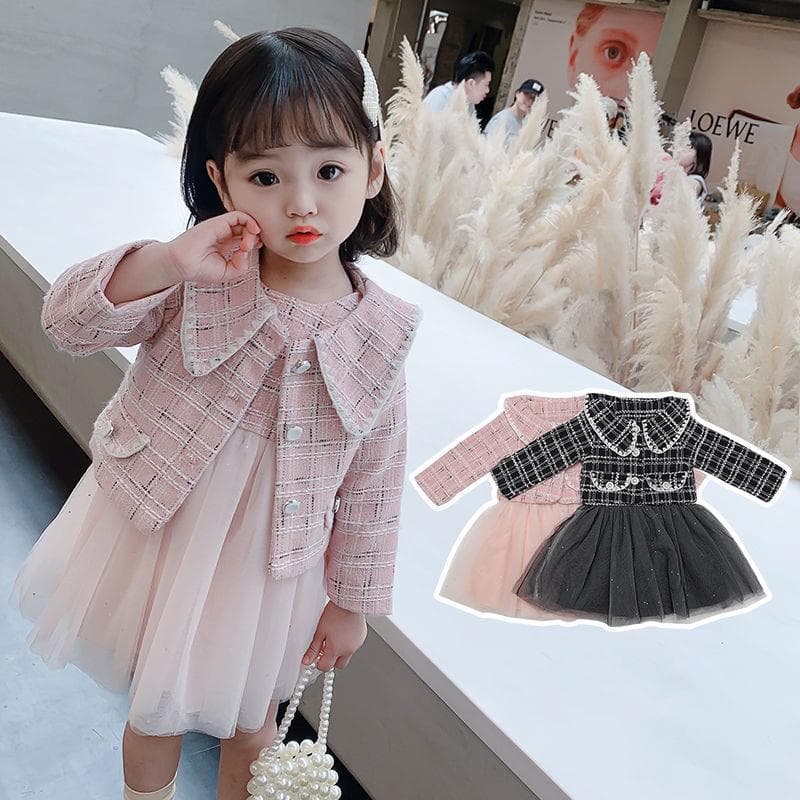 Girls' Autumn Outfit Set 2024 New Children's Tweed Houndstooth Jacket and Vest Dress Two-Piece Set for Baby Girls