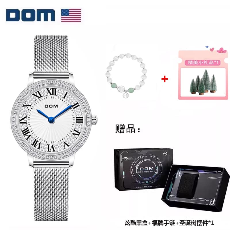 Dom Watch, Elegant Round Full Diamond Blue Pointer Waterproof Quartz Women's Watch G1518 Y1