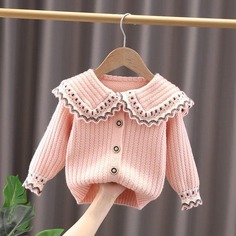 Children's Large Lapel Knitted Cardigan 2024 Autumn and Winter New Children's Clothing Children's Sweater Toddler Doll Collar Top