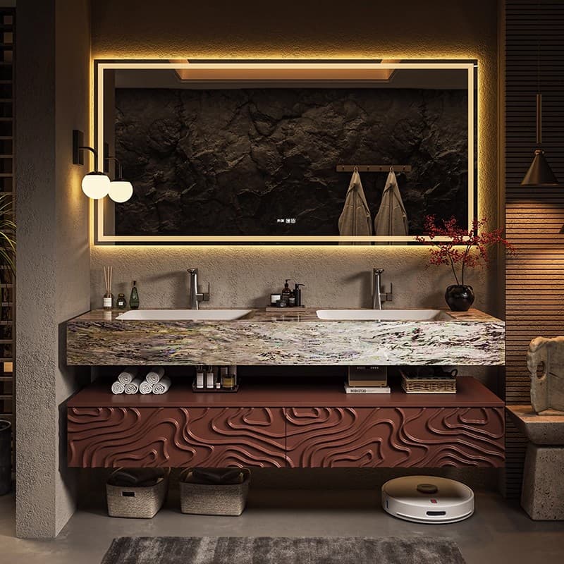 French-Style Mid-Century Solid Wood Bathroom Cabinet Set with Double-Layer Washbasin, Natural Luxury Stone Ceramic Double Basin for Washing