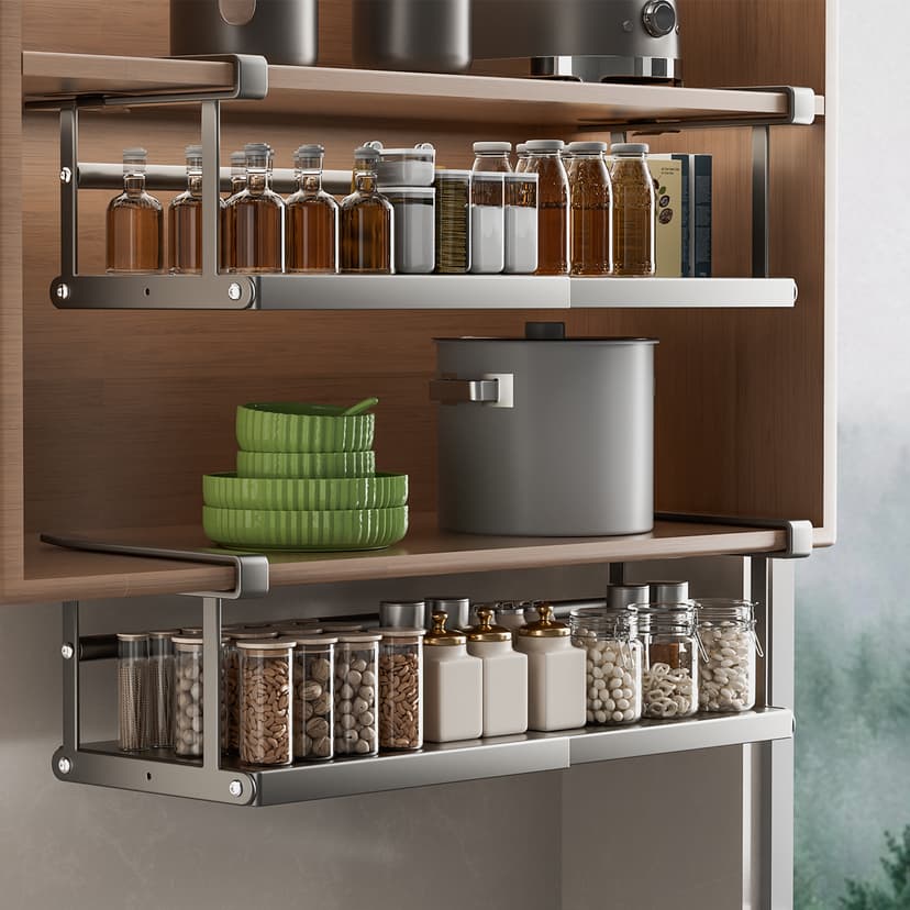 Expandable Kitchen Storage Rack with Hanging Layered Spice Baskets for Under-Cabinet Storage