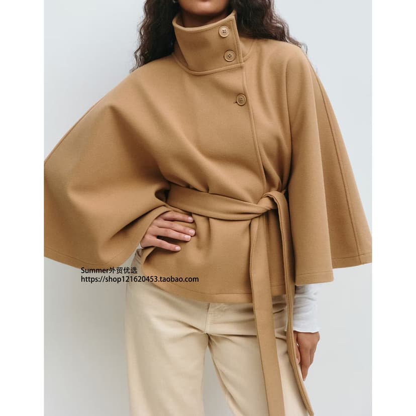 European and American Autumn and Winter Solid Color Cape Stand Collar Button Belt Trench Coat for Women Cape Stand Collar Coat