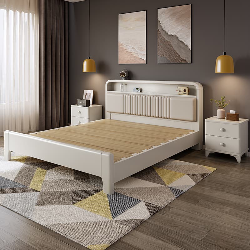 Solid Wood Bed with Soft Backrest, White 1.8m Master Bedroom Double Bed, Modern and Simple 1.5m Single Bed, Economical Storage Large Bed