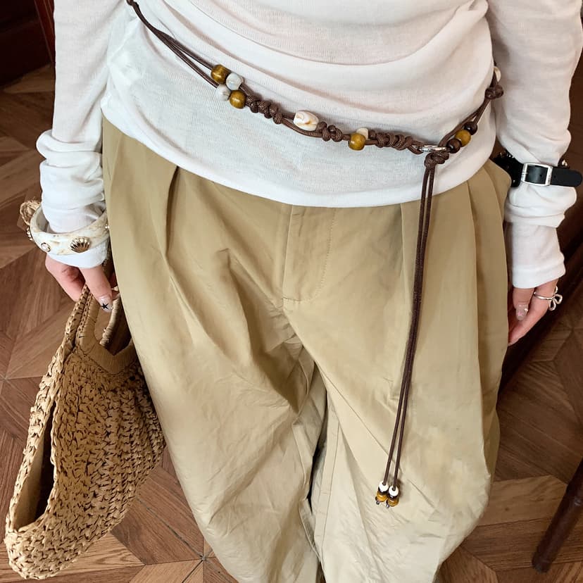 Retro Ethnic Style Bohemian Hand-Woven Thin Waist Rope Women's Waist Chain Beaded Skirt Brown Belt Accessories