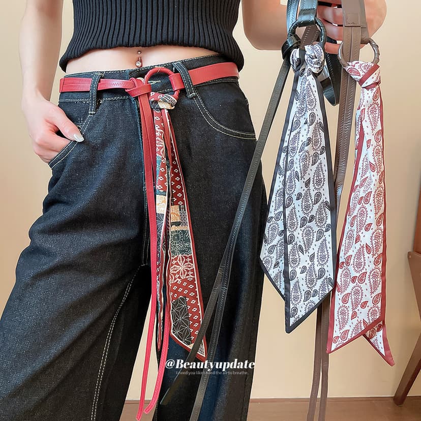 Korean-Style Leather Printed Scarf with Tassel Waist Chain, Vintage Ethnic Style Belt, Fashionable and Trendy Niche Design