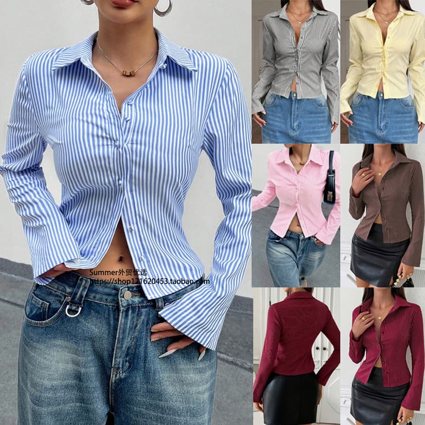2025 Autumn European and American Casual Versatile V-Neck Striped Long-Sleeve Shirt Top Striped Slim Fit Shirt