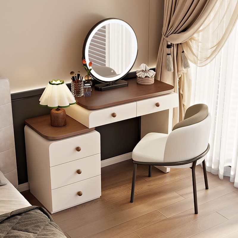 Thickened Solid Wood Mid-Century Style Small Apartment Dressing Table Bedroom Modern Minimalist Cream Style Makeup Table Storage Cabinet Integrated