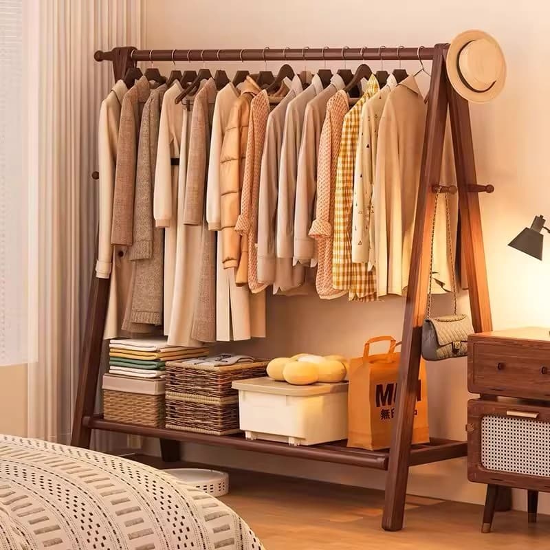 Solid Wood Coat Rack Floor Bedroom Foldable Hanger Indoor Vertical Clothes Storage Rack Simple Wooden Clothes Hanger