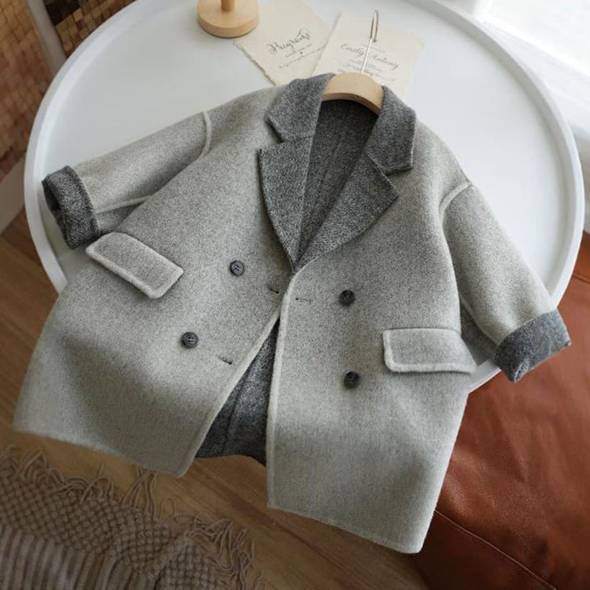 Korean Style Kidsren's 2025 Autumn and Winter New High-End Gray Double-Sided Imitation Cashmere Woolen Outwear for Boys and Girls Fashionable Woolen Outwear