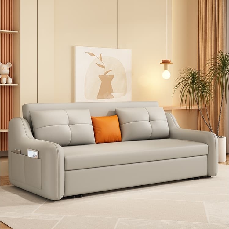 Genji Muyu Modern Anti-Cat Scratch Leather Sofa Bed Dual-Purpose Living Room Cream Simple Small Apartment Multifunctional Storage Extendable