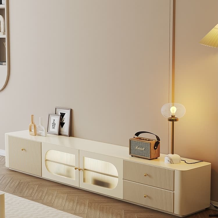 Genji Muyu Cream Style Tv Cabinet and Coffee Table Set, Simple Modern French Solid Wood Milk White Tv Cabinet