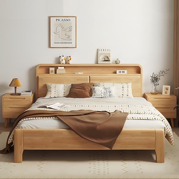 Genji Muyu Nordic Solid Wood Bed All Solid Wood Modern Minimalist 1.8m Double Bed for Home Use 1.5m Master Bedroom