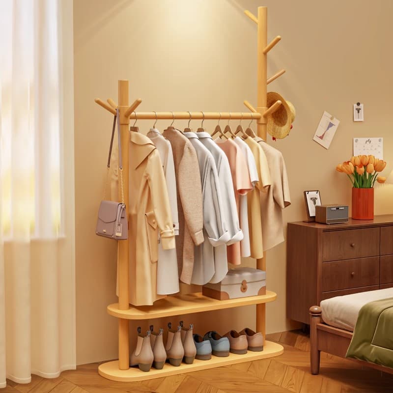Solid Wood Coat Rack Floor Bedroom For Home Hangers Room Bed End Clothes Handy Gadget Corner Rack at Night