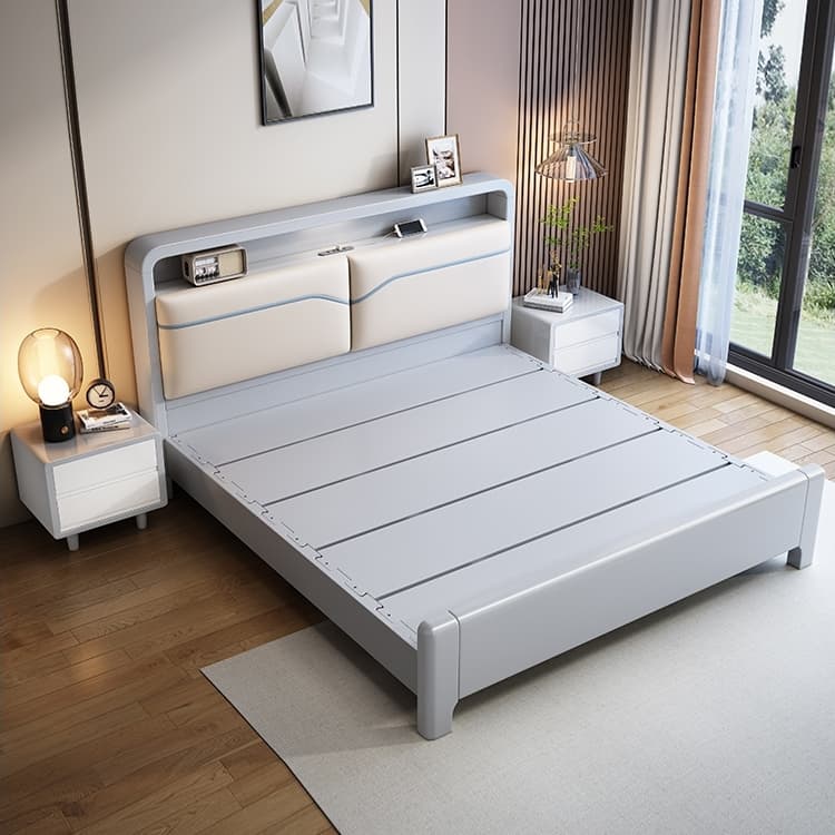 Genji Muyu Minimalist Modern Accessible Luxury Scandinavian Solid Wood Bed Mortise and Tenon Quiet Soft Bed USB Charging Night Light Gas