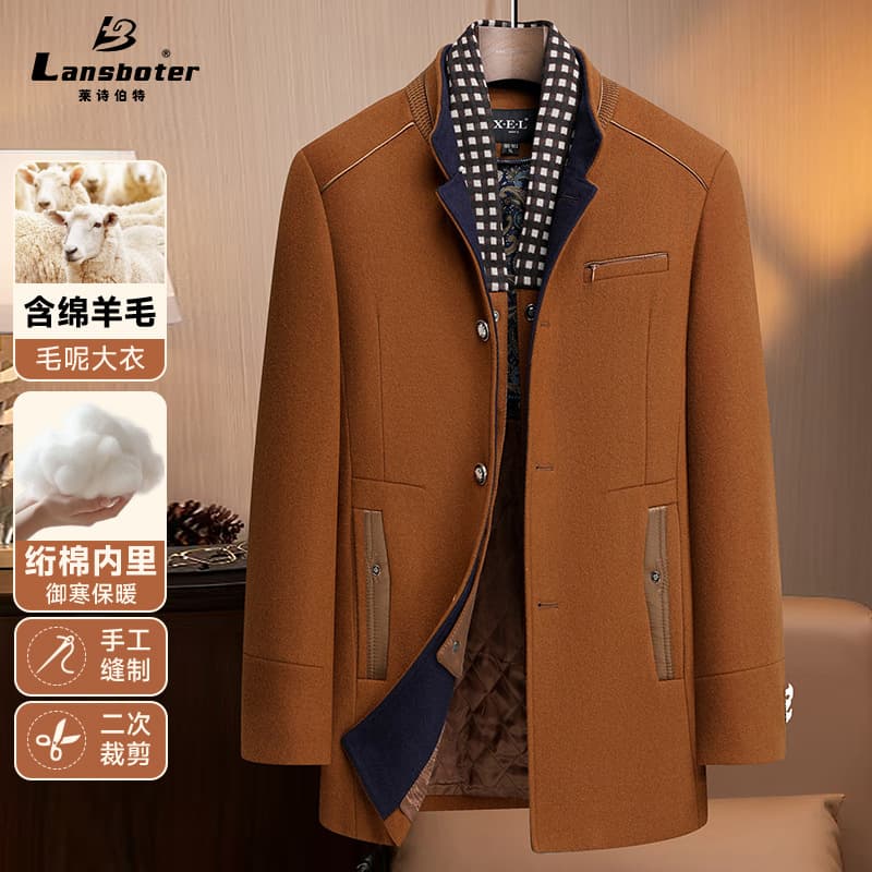 European and American Cross-Border Men's Woolen Overcoat with Cotton Lining and Thickened Scarf Collar Men's Jacket
