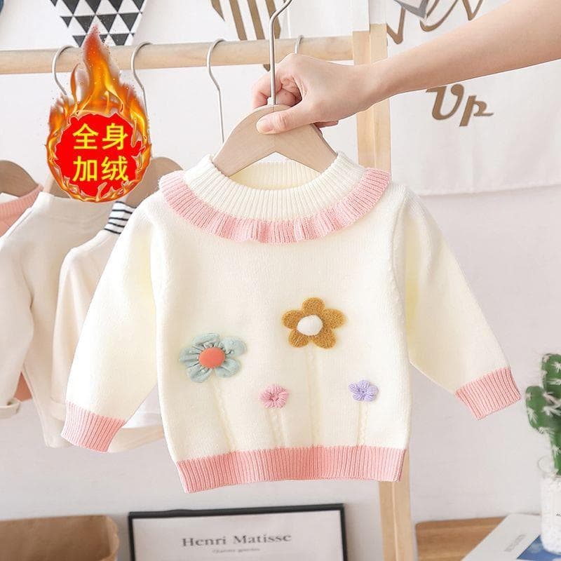 Girls' Sweater with Fleece Lining, Thickened, 2025 Autumn and Winter New Style, Stylish Korean-Style Knitwear for Baby Girls, Tops for Young Children