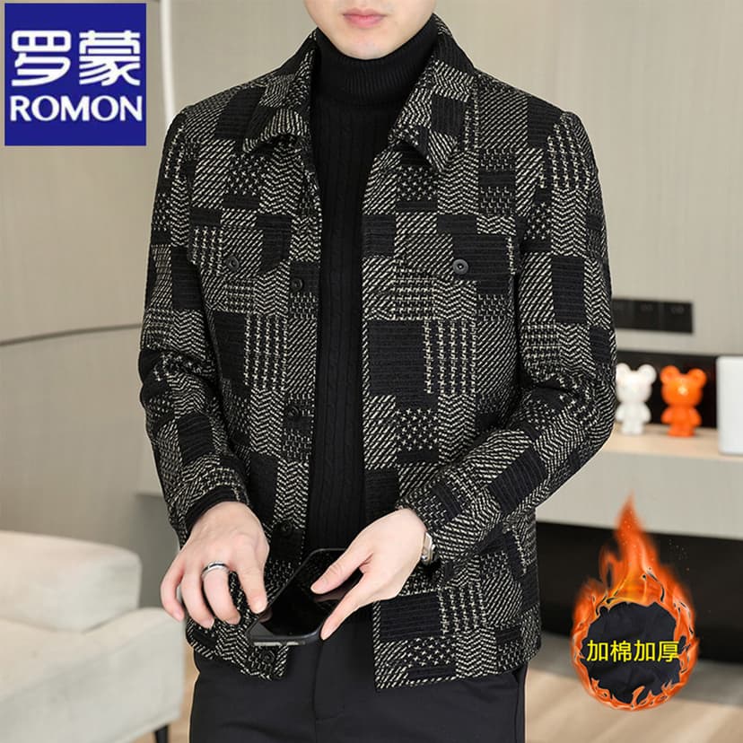Romon Men's Short Woolen Coat, New Trendy Casual Cotton-Padded Thickened Mink Wool Men's Jacket