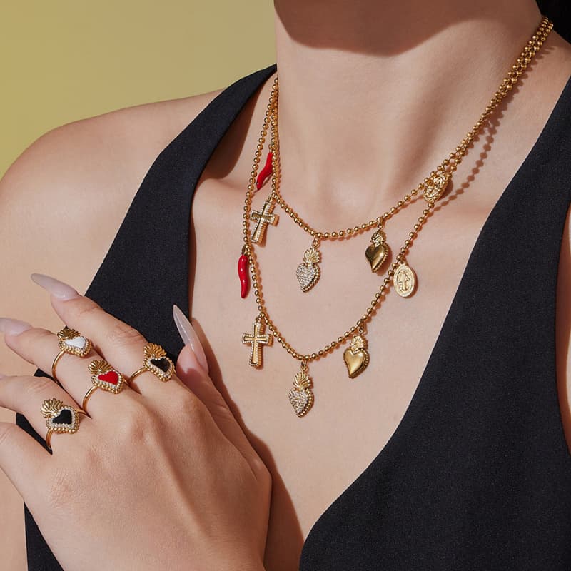 European and American High-End Design Heart-Shaped Full Diamond Necklace and Ring Set, Light Luxury Titanium Steel Peach Heart Oil-Drip Ring Accessories for Women