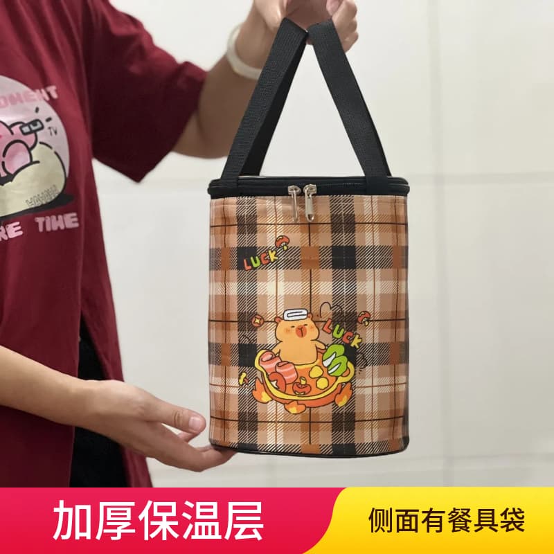 Lunch Box Tote Bag, Round Insulated Bag, Aluminum Foil Thickened Bento Bag, Large Capacity Hand-Carry Tube for Office Workers and Students to Carry Meals