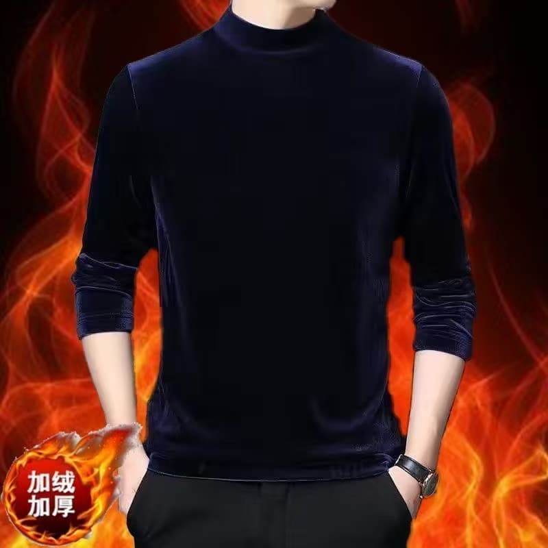 Autumn and Winter Velvet Sweatshirt for Men, Trendy Half-High Collar, Fleece-Lined, Thickened Base Layer, Thermal Underwear, Long-Sleeve T-Shirt