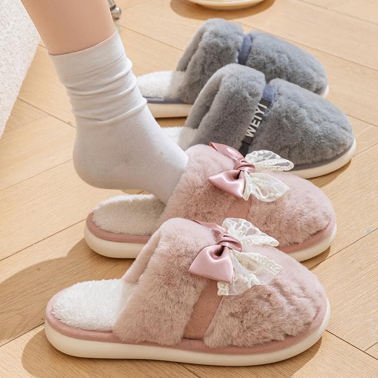 Bows Cotton Slippers Women's Winter Heattech Non Slip Thick Sole Home Outwear Fashion All-match Fleece-lined Sweet Maomao Slippers