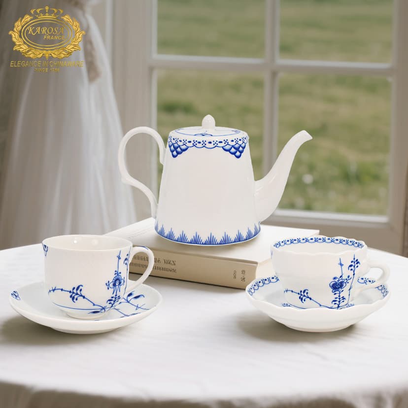 Chinese-Style Coffee Cup, High-End and Exquisite, Retro Blue and White Tangcao Pattern, White Jade Porcelain Coffee Cup and Saucer Set, Afternoon Tea Cup