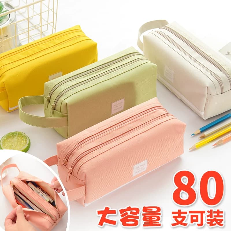 Ins Girls' Pencil Case Stationery Box Girls' Style Boys' Junior High School and High School Students' Canvas Pencil Case Simple Creative Double-Layer Zipper