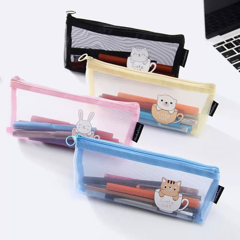 Ins Simple Transparent Pencil Case with Mesh, Thickened Large-Capacity Stationery Bag, Cartoon Design for Elementary School Students, High-Value Back-To-School Gift
