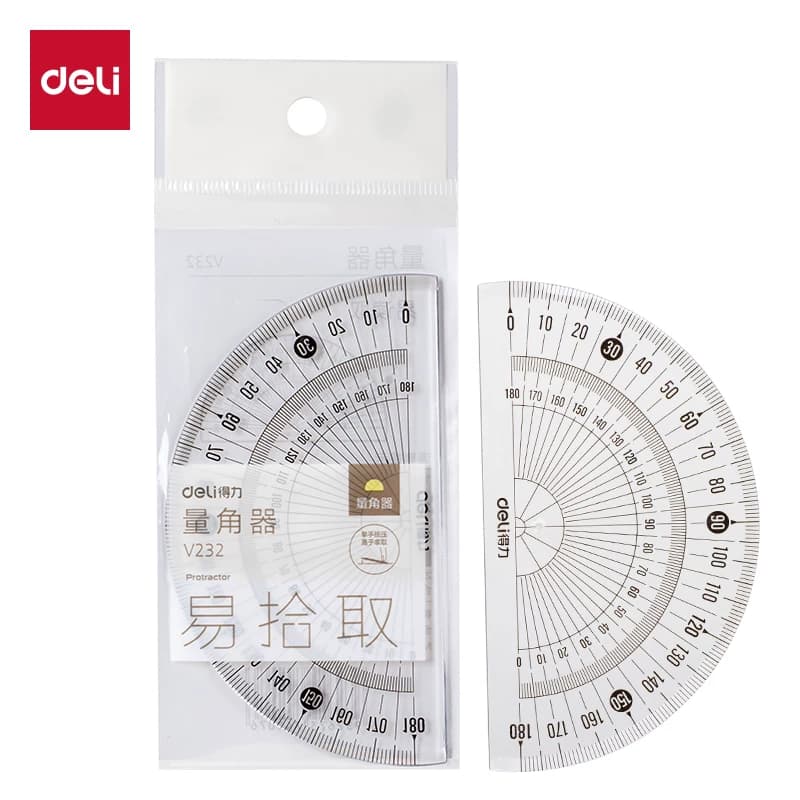 Deli Student Transparent Plastic Protractor with Thickened Clear Scale, Semicircular Ruler, 180-Degree Drawing Angle Ruler, 360-Degree