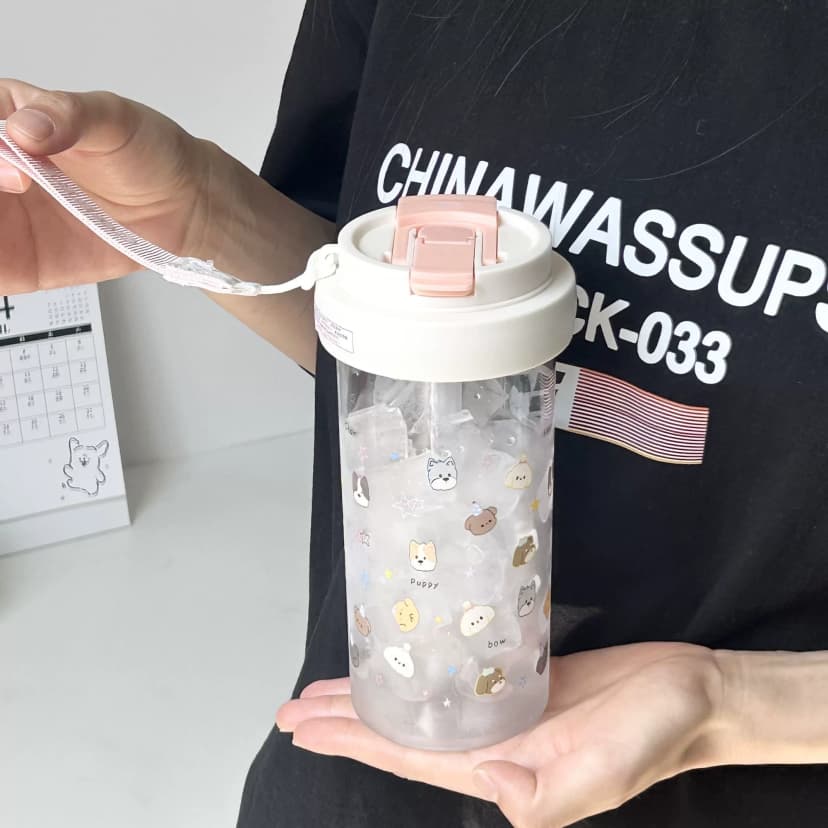 Simple New Portable Double Drinking Straw Cup, High-Looking Plastic Cup for Girls, Cute Student Campus Anti-Fall Water Cup