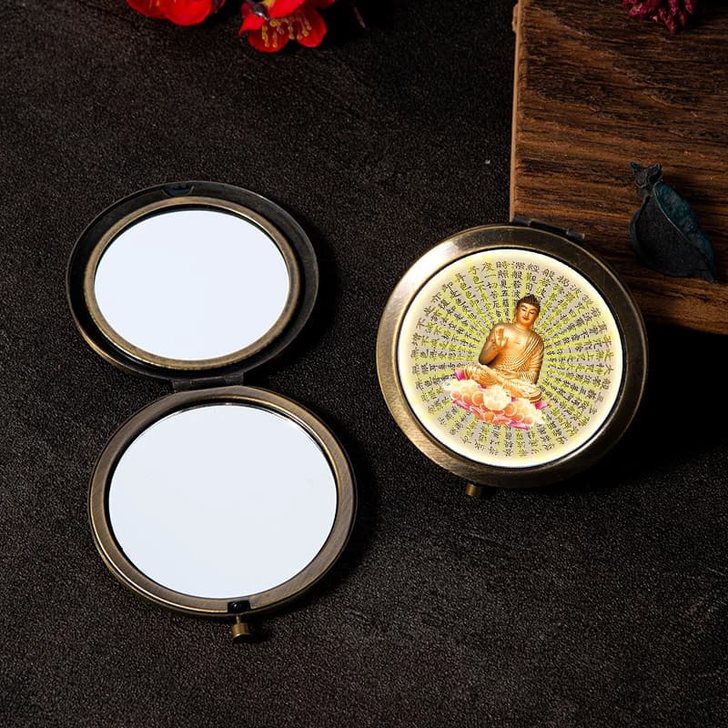 Metal Buddhist Heart Sutra Small Mirror, Portable Zen Lotus Guanyin Bodhisattva Round Makeup Mirror, Thangka Auspicious Mirror