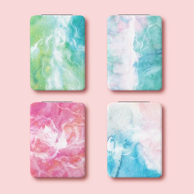 Watercolor Texture Student Handheld Makeup Mirror Portable Folding Round Double-Sided Simple Flip Cover Touch-Up Mirror