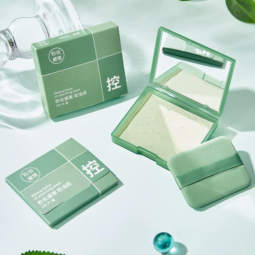 Oil-Absorbing Paper with Powder Puff, Makeup Mirror, Oil Control, Facial Oil Removal, Touch-Up, Portable Box for Women, Linen Velvet Surface
