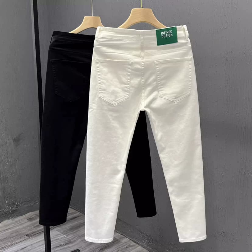 Simple White Jeans for Men, Autumn Trendy Casual Cropped Pants, Slim Fit Tapered Straight Stretch Long Pants