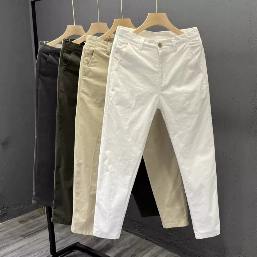 Casual White Casual Pants for Men, Summer Trendy Brand Small Straight-Leg Pants, Spring and Autumn Men's Cropped Pants, Business Cotton Stretch Long Pants