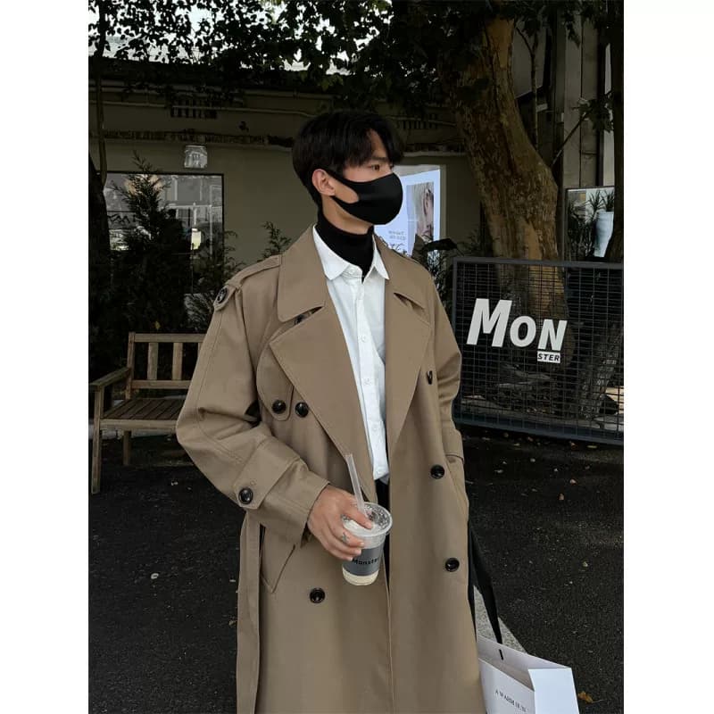 Khaki Trench Coat for Men, 2026 Spring New Korean Style, Loose-Fitting Suit Collar, Knee-Length Mid-Length Coat