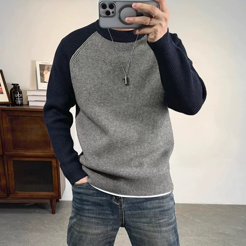 Autumn and Winter Korean Style Slim-Fit Color-Blocked Crew Neck Sweater for Men, Casual Base Layer, Warm Color-Blocking Pullover Knitwear, Trendy Brand