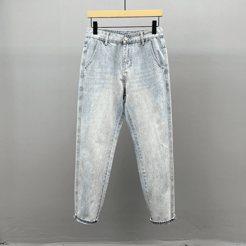 Spring and Summer Vintage-Style Light Blue Straight-Leg Jeans with Diagonal Pockets for Men, American Retro High Street Cropped Pants for Young Men