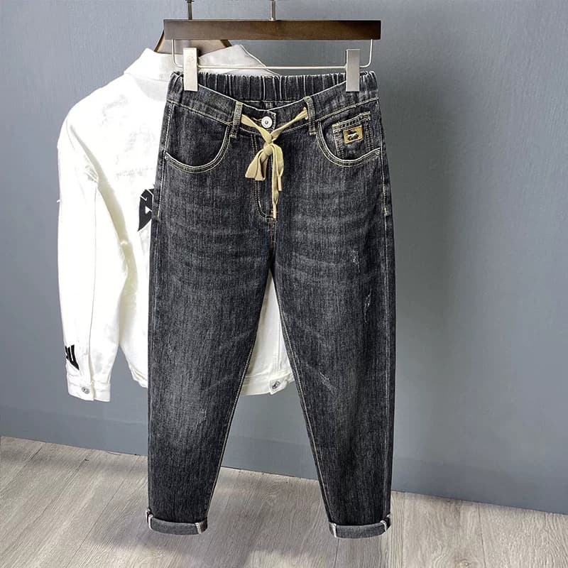 Autumn Men's Elastic Waist Harem Pants Trendy Casual Slightly Loose Men's Pants Spring and Autumn Youth Cropped Jeans