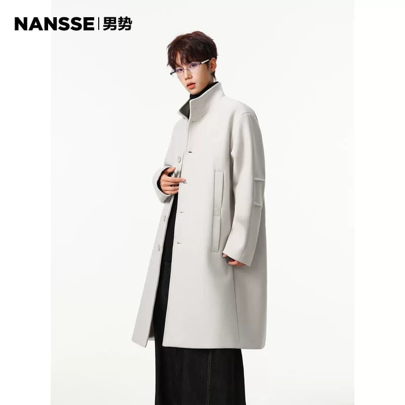 British Style Single-Breasted Woolen Coat for Men, New Autumn and Winter Trendy Brand Loose Mid-Length Stand Collar Trench Coat