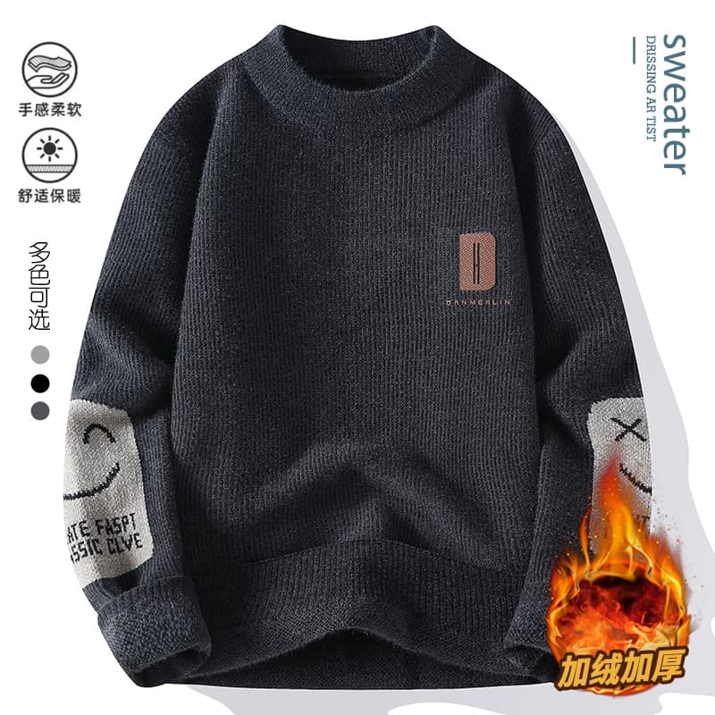 Men's Round Neck Sweater, Autumn and Winter, Fleece-Lined, Thick Pullover, Base Layer, Trendy Brand Knitwear, Outerwear, Men's Knit Sweater