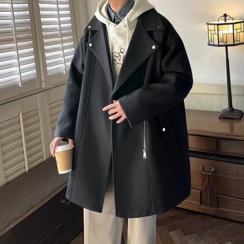Zippered Woolen Coat for Men, Mid-Length, Autumn and Winter, Thickened, Casual, Loose-Fitting, Black Trench Coat, Trendy Brand, Korean Style Blazer