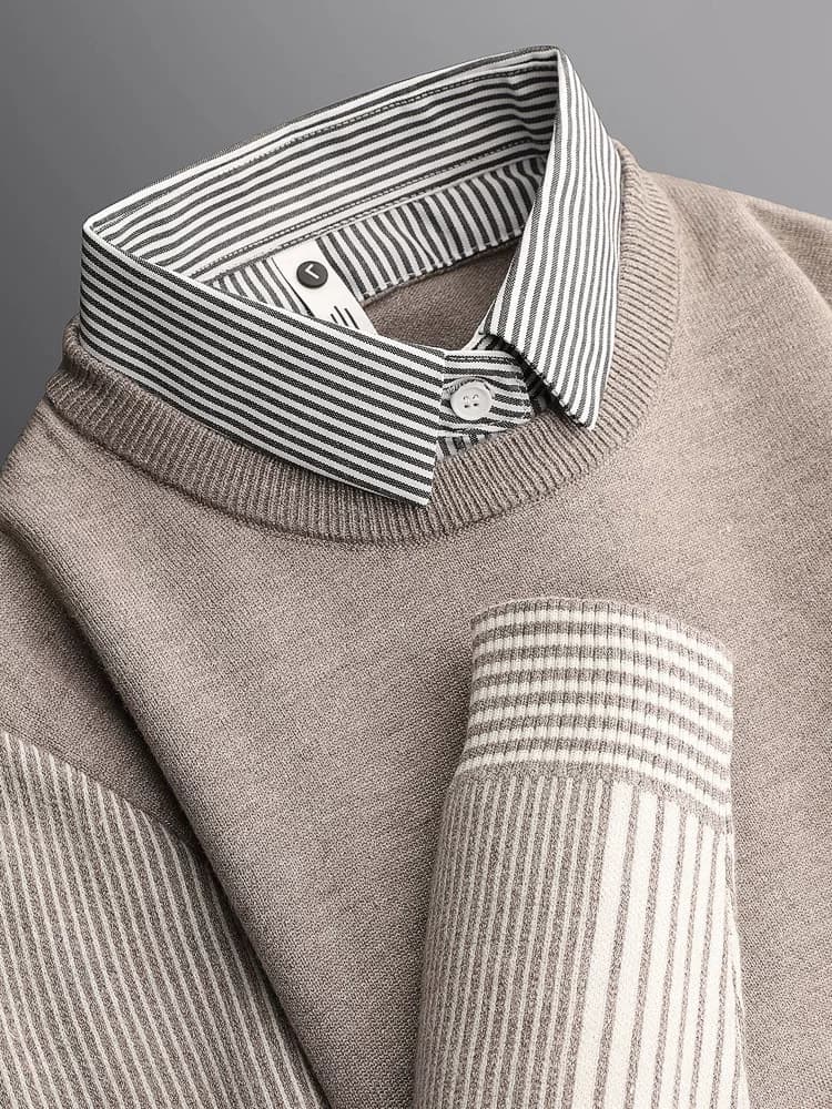 Autumn and Winter Warm Striped Patchwork Shirt Collar Slim-Fit Sweater for Young Men, Light Mature Style Fake Two-Piece Knitwear Trendy