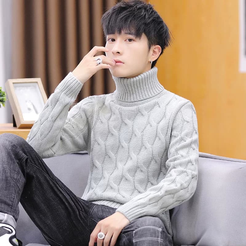 2025 New Men's Turtleneck Sweater Autumn and Winter Thickened Cable Knit Long-Neck Student Men's Knitwear