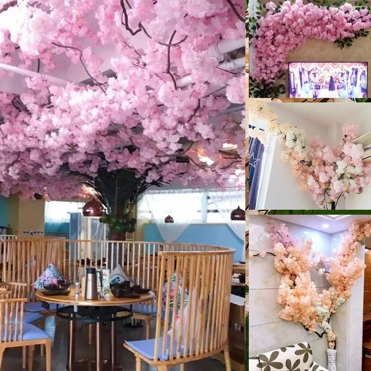 Artificial Cherry Blossom Branches, Wedding Pear Blossom and Peach Blossom Trees, Plastic Fake Flower Vines, Decorative Ceiling Silk Flowers for Indoor Living Room Floor-Standing